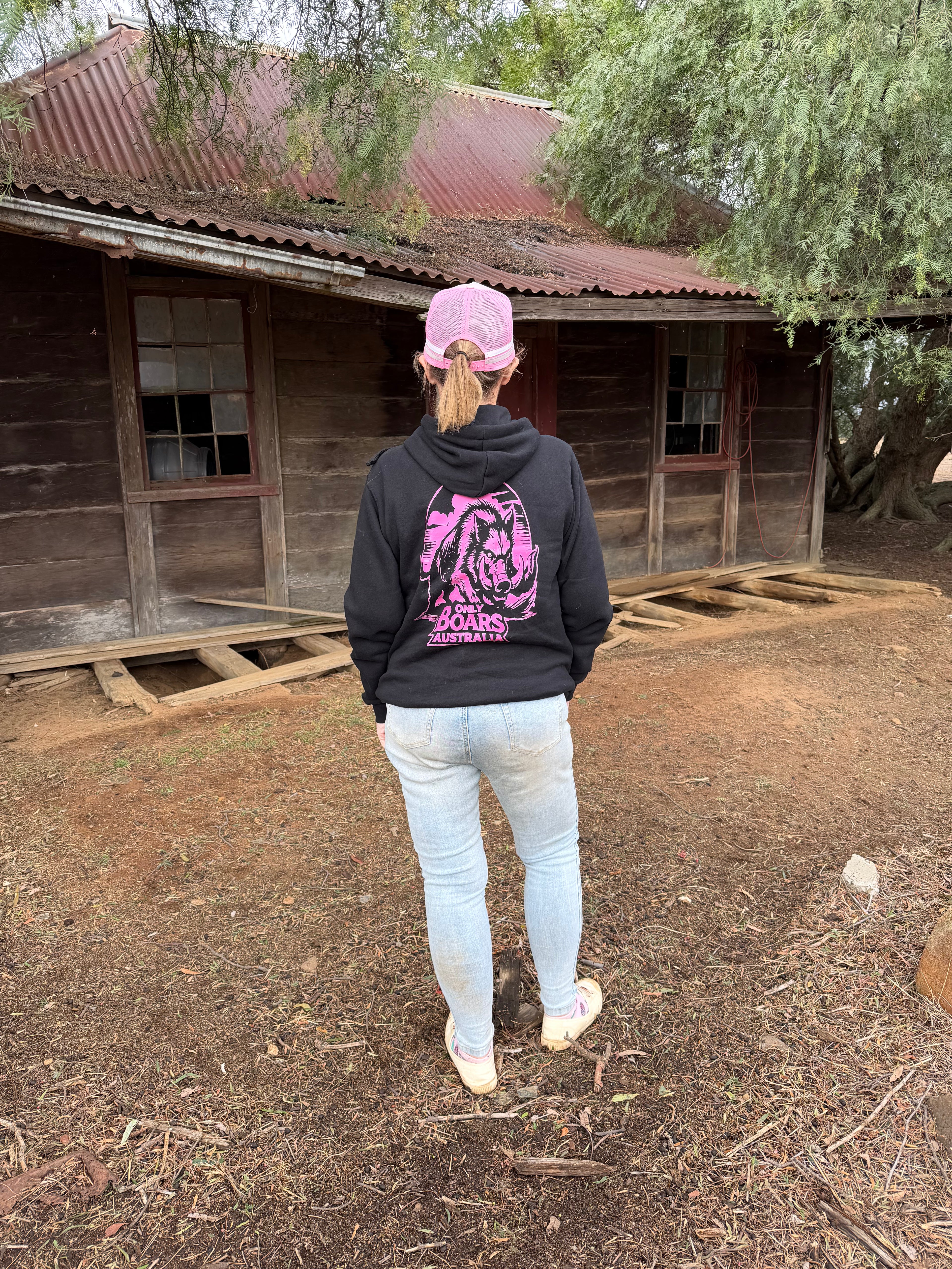 Black hoodie with pink logo