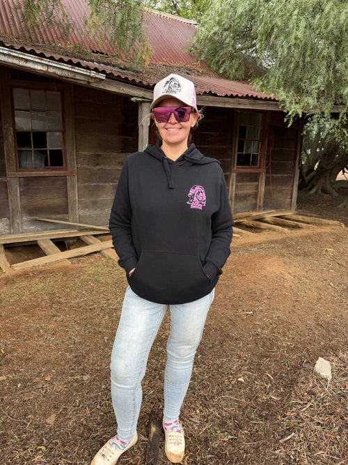 Black hoodie with pink logo