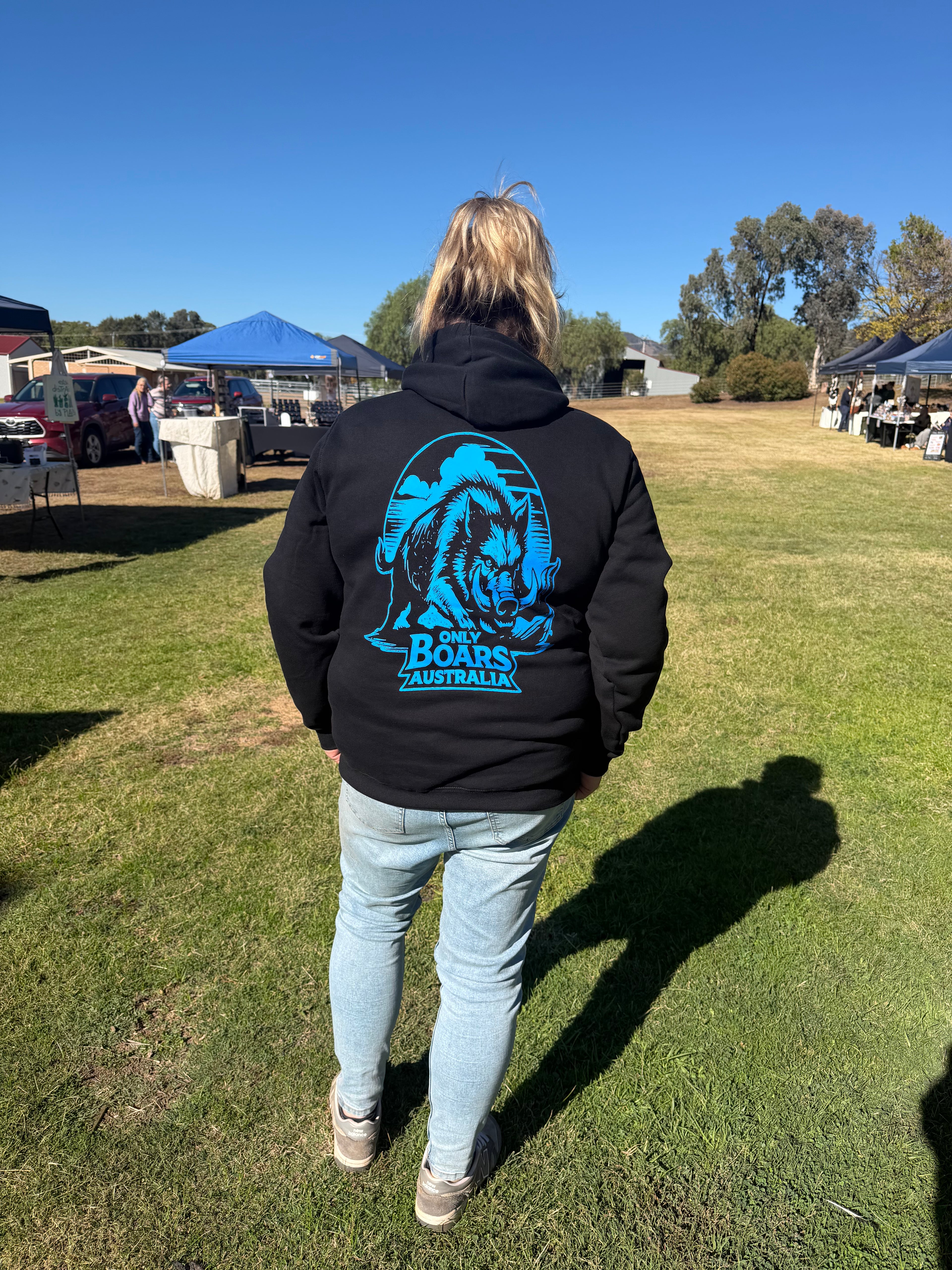 Black hoodie with blue logo