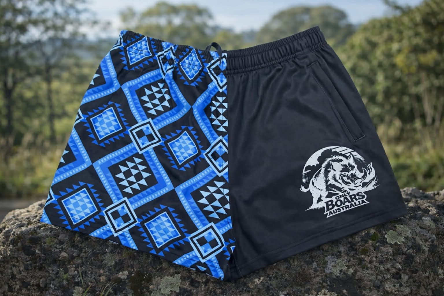 Blue and Black Aztec footy shorts